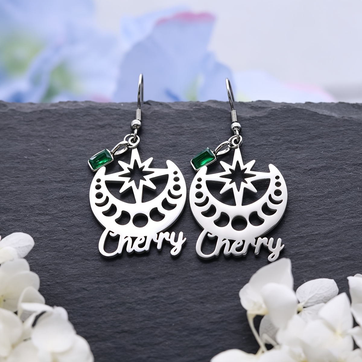 Personalized Moon Star Earrings with Custom Name and Green Zirconia